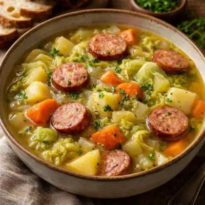 Soupe rustique aux saucisses fumées et légumes