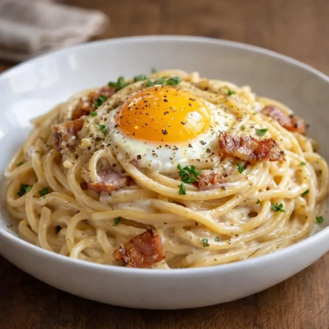 Spaghettis carbonara à l’œuf coulant : recette facile