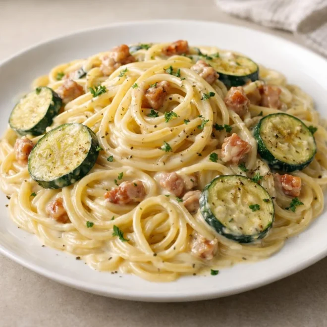 Spaghettis crémeux aux courgettes et lardons