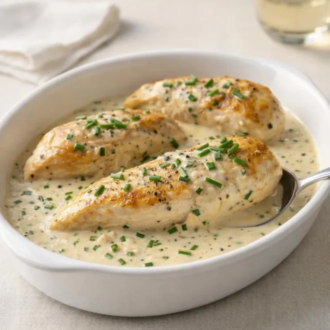 Suprêmes de volaille à la crème, ciboulette & vin blanc