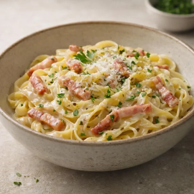 Tagliatelles aux lardons sauce crémeuse parmesan