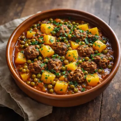 Tajine de viande hachée, petits pois et pommes de terre