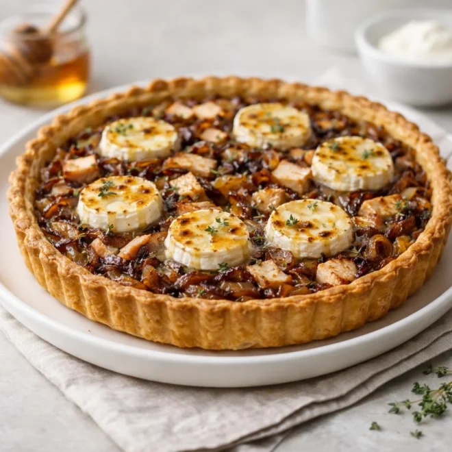 Tarte aux oignons caramélisés poulet chèvre miel
