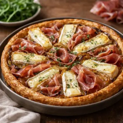 Tarte au camembert jambon cru oignons confits