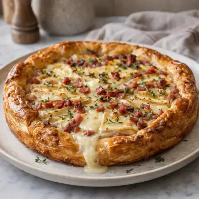 Tarte feuilletée camembert lardons cœur coulant