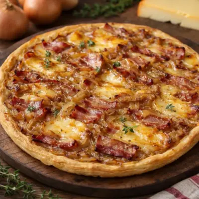 Tarte fine aux oignons confits lard fumé munster (recette)