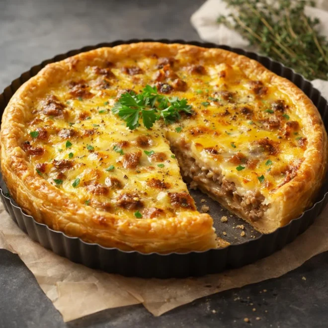 Tarte viande hachée et fromage, cœur fondant