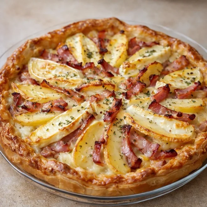 Tarte pomme de terre camembert lardons, au four