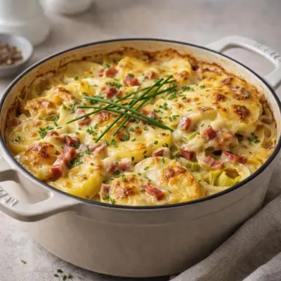 Tartiflette de poireaux et lardons au reblochon