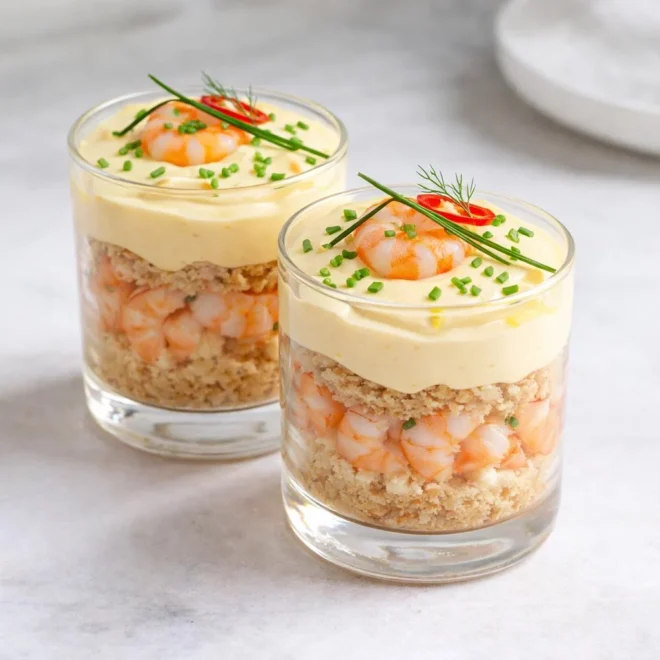 Tiramisu aux crevettes roses : verrines citron & aneth