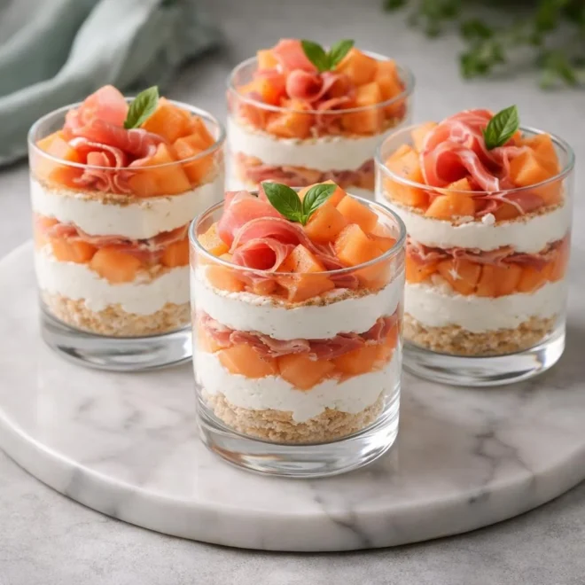 Tiramisu salé au melon et jambon cru en verrines