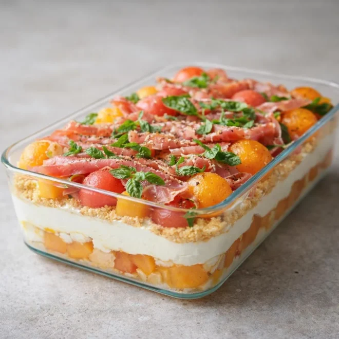 Recette tiramisu salé au melon, jambon sec & fromage frais