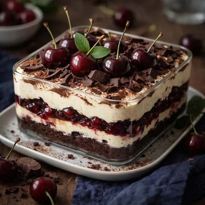 Recette tiramisu forêt-noire : mascarpone, cerises et cacao