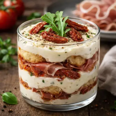tiramisu salé au jambon cru et tomates confites