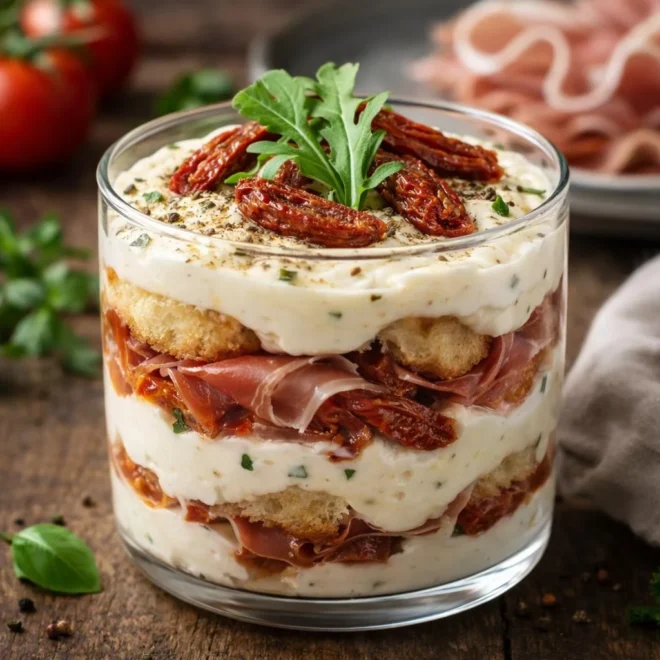 tiramisu salé au jambon cru et tomates confites