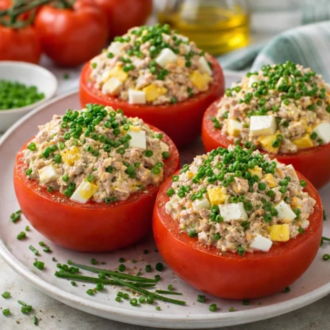 Tomates froides farcies au thon, œuf dur et ciboulette