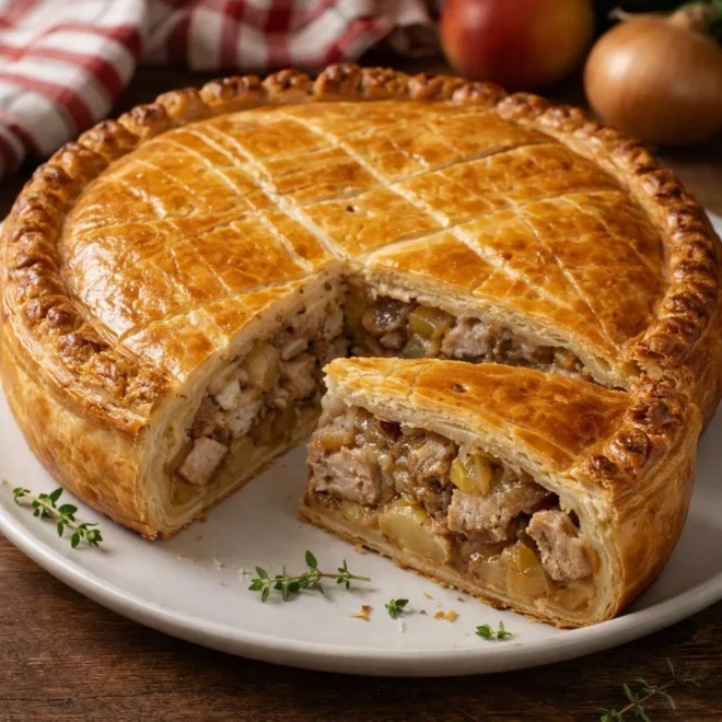 Tourte paysanne au porc, pommes et oignons confits