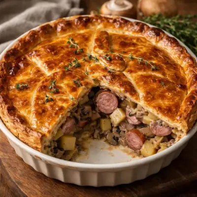 Tourte paysanne aux saucisses, pommes de terre et champignon