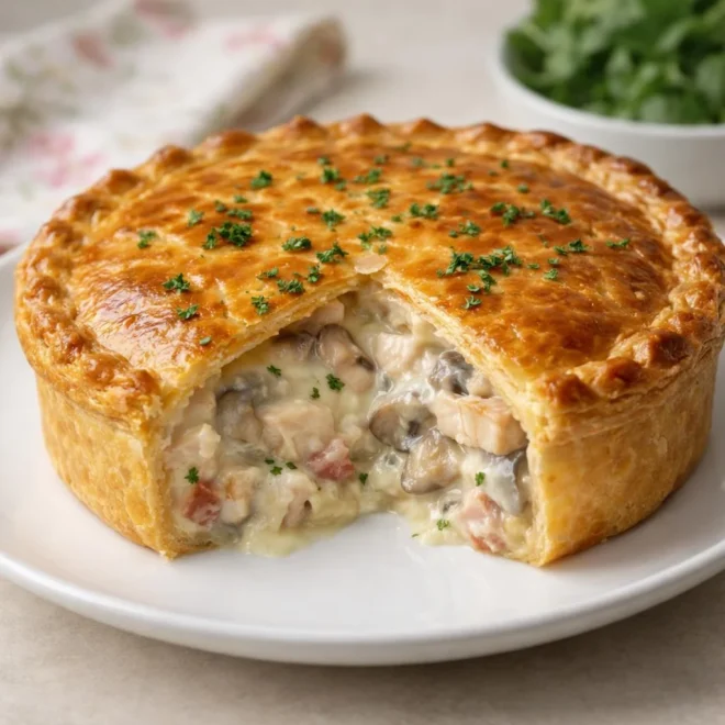 Tourte poulet champignons et lardons à la crème