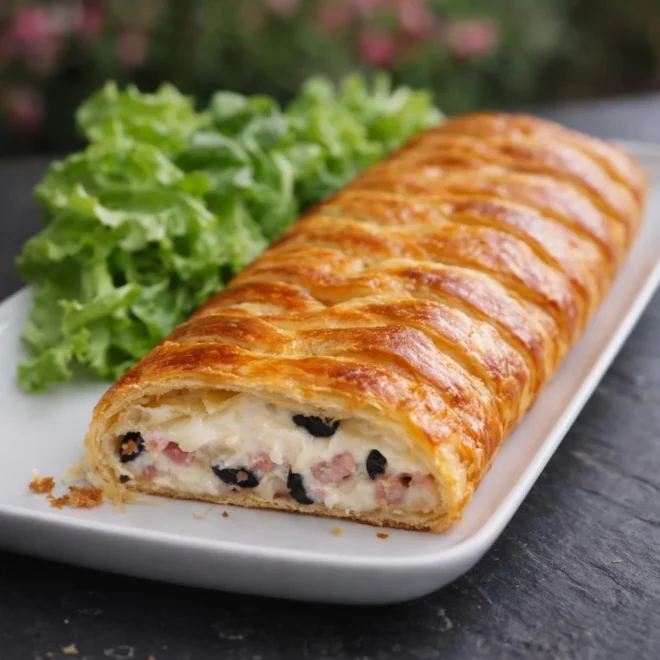 Tresse feuilletée jambon chèvre olives : dorée & fondante