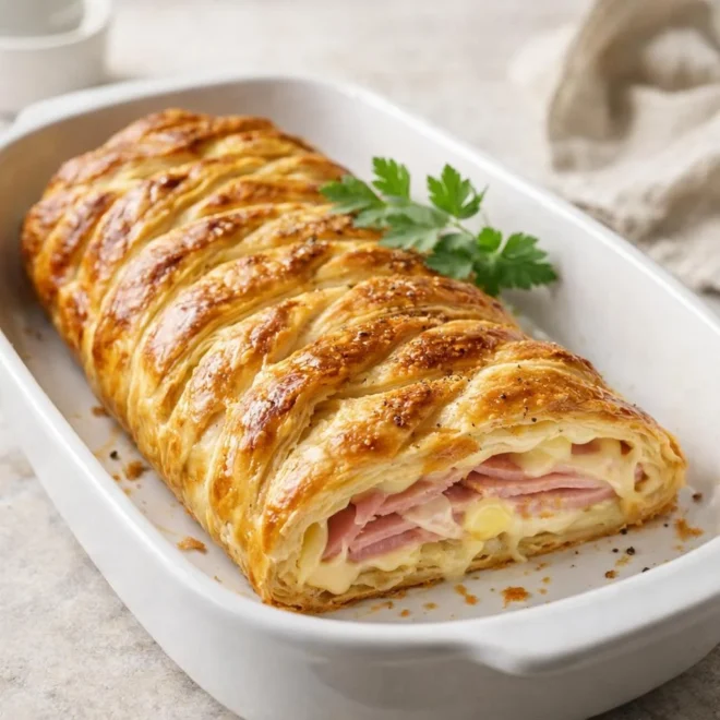 Tresse feuilletée au jambon et fromage : dorée et fondante