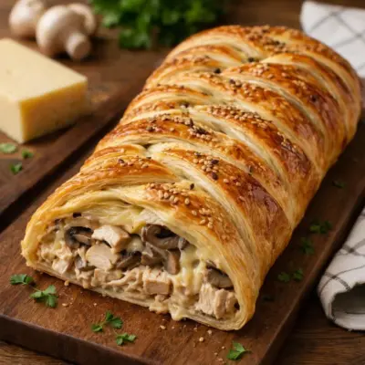 Tresse feuilletée au poulet champignons cantal