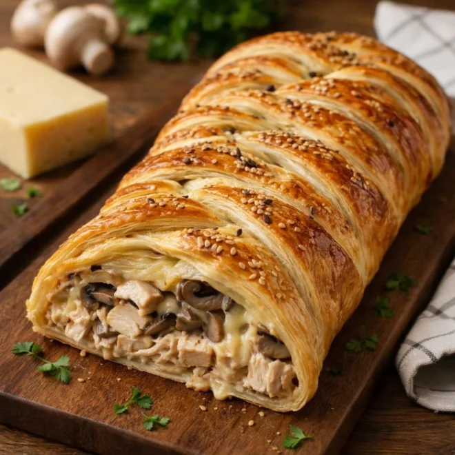 Tresse feuilletée au poulet champignons cantal