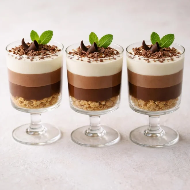 Verrines aux trois chocolats : noir, lait, blanc