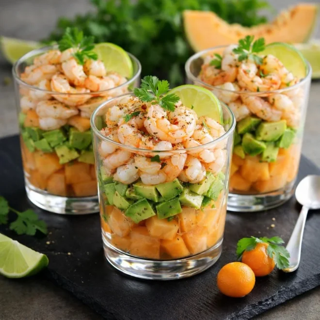 Verrines de melon crevettes avocat au citron vert