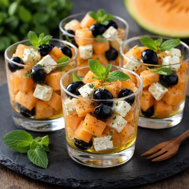 Verrines de melon feta olives noires (frais & facile)