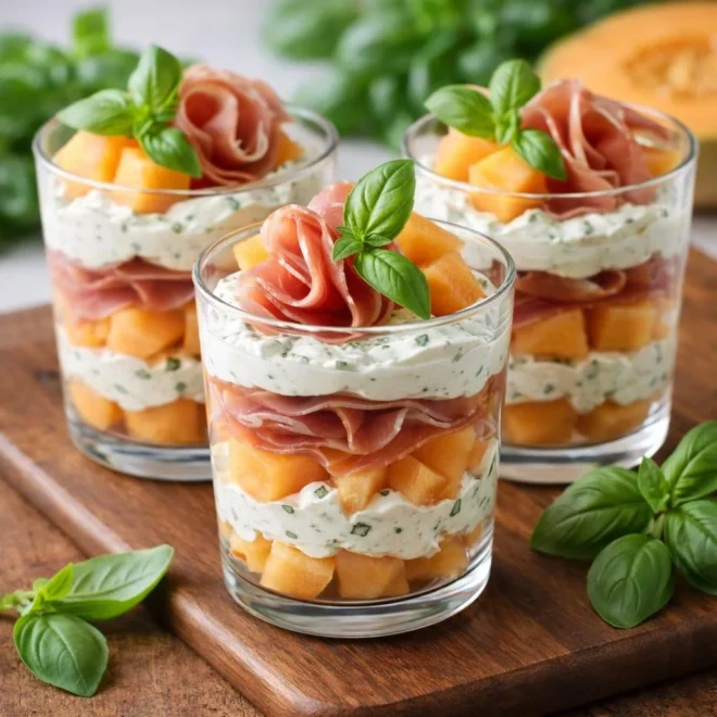 Verrines de melon jambon cru mascarpone basilic