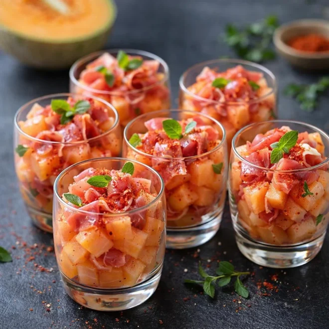 Verrines de melon au jambon cru au piment d’Espelette
