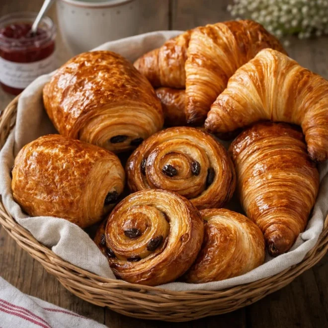 Viennoiserie maison : croissants, pains au chocolat et escargots à la cannelle (pâte levée feuilletée)