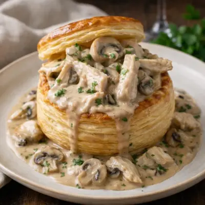 Vol-au-vent de dinde sauce forestière : crème aux champignon