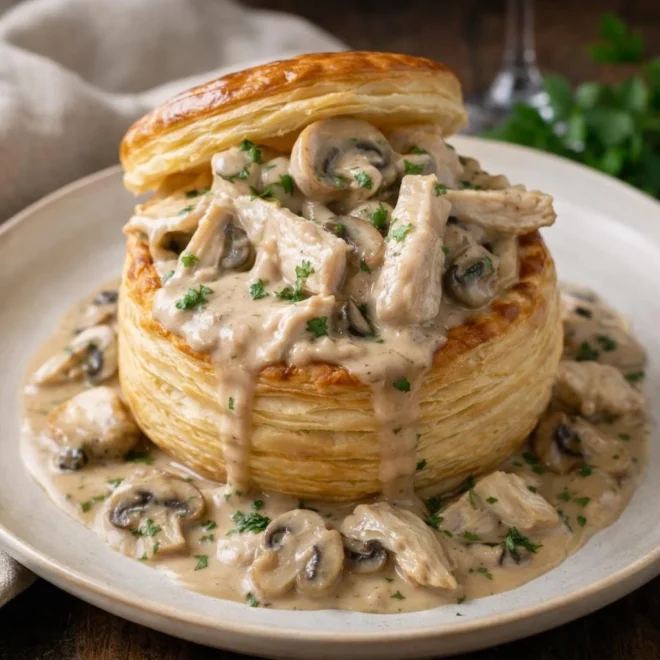 Vol-au-vent de dinde sauce forestière : crème aux champignon