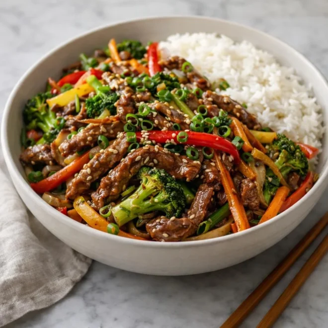 Wok de bœuf aux légumes, sauce soja-gingembre