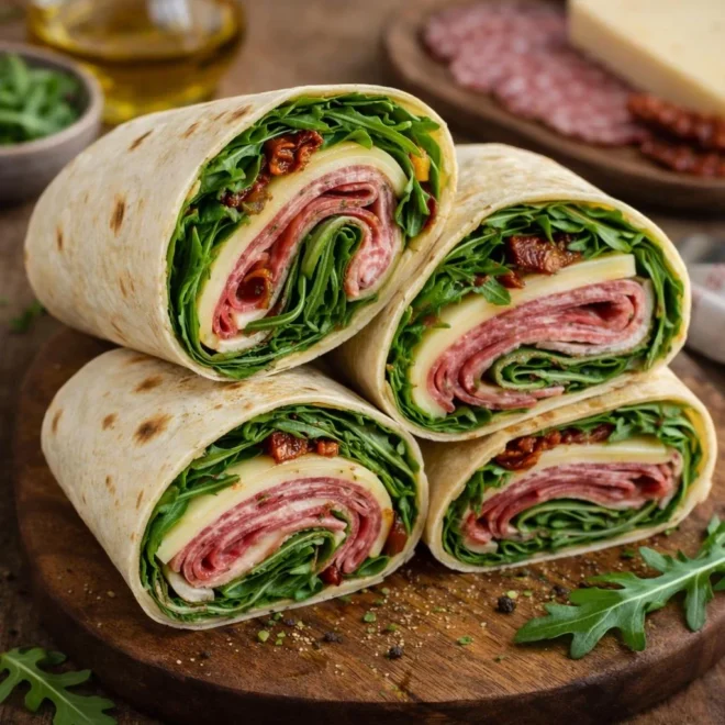 wraps italiens au salami provolone roquette