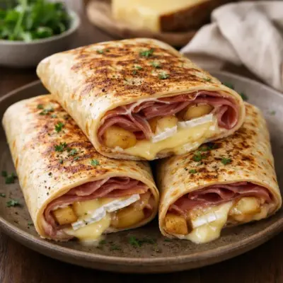 Wraps au jambon cru, brie et pommes caramélisées