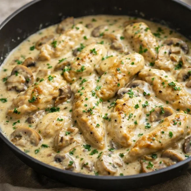 Aiguillettes de poulet crémeuses aux champignons
