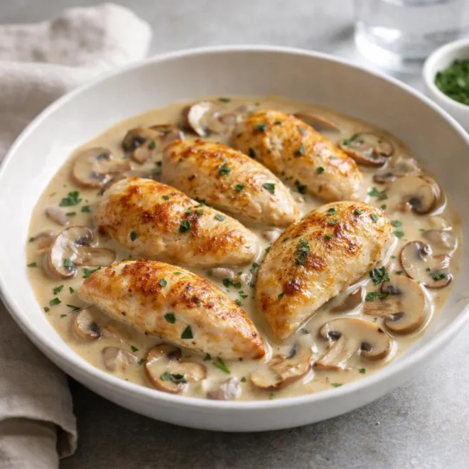 Recette aiguillettes de poulet crémeuses aux champignons