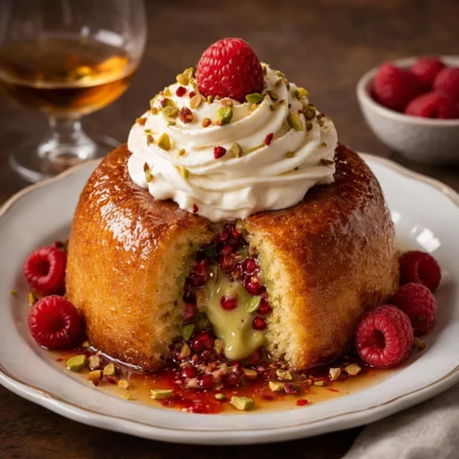 Baba au rhum pistache framboise : cœur gourmand