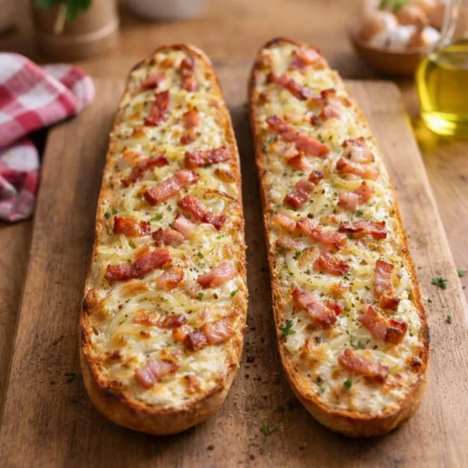 Baguette flambée alsacienne aux lardons et fromage