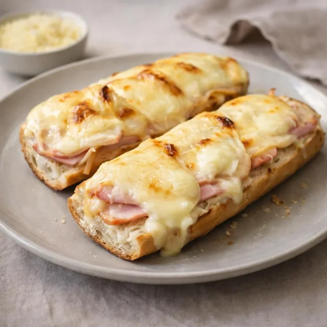 Baguette raclette : jambon blanc & fromage fondant au four
