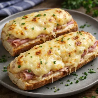 Baguette raclette au jambon et oignons fondants