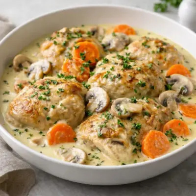 Blanquette de poulet mijoté sauce crémeuse aux champignons