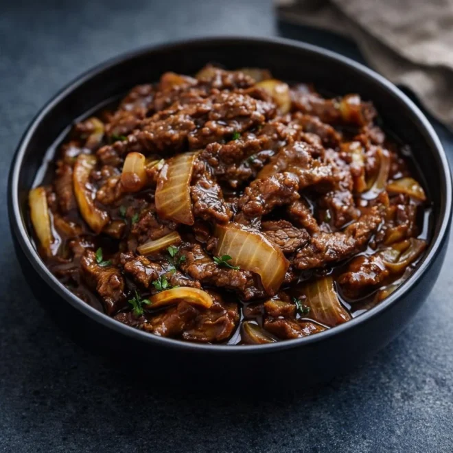 Bœuf aux oignons caramélisés : tendre et sauce sucrée-salée