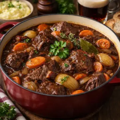 Bœuf braisé à la bière brune aux oignons et carottes