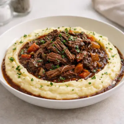 Bœuf braisé en sauce et purée maison, recette mijotée