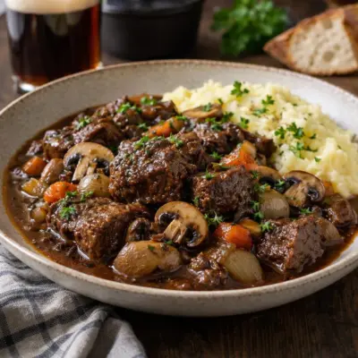 Bœuf mijoté à la bière et champignons : sauce onctueuse