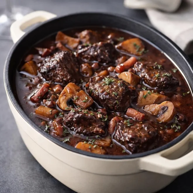 Boeuf mijoté au vin rouge aux lardons et champignons